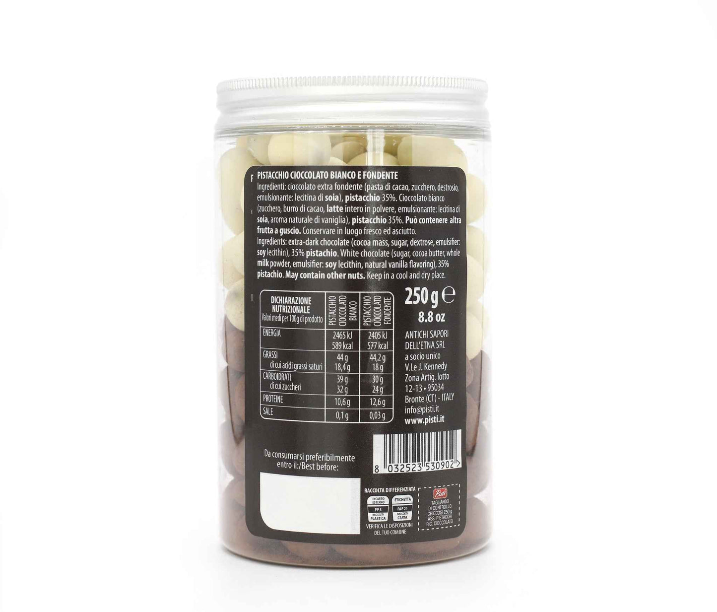 chicchi di pistacchio ricoperti di cioccolato bianco ed extra fondente