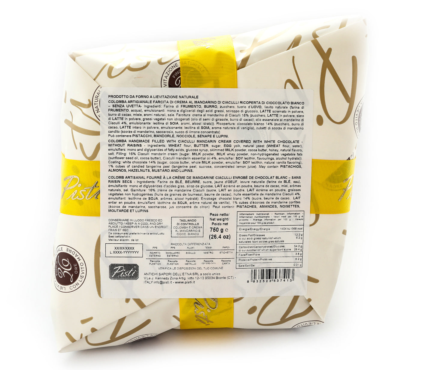 colomba farcita con crema al mandarino e ricoperta di cioccolato bianco - pisti shop