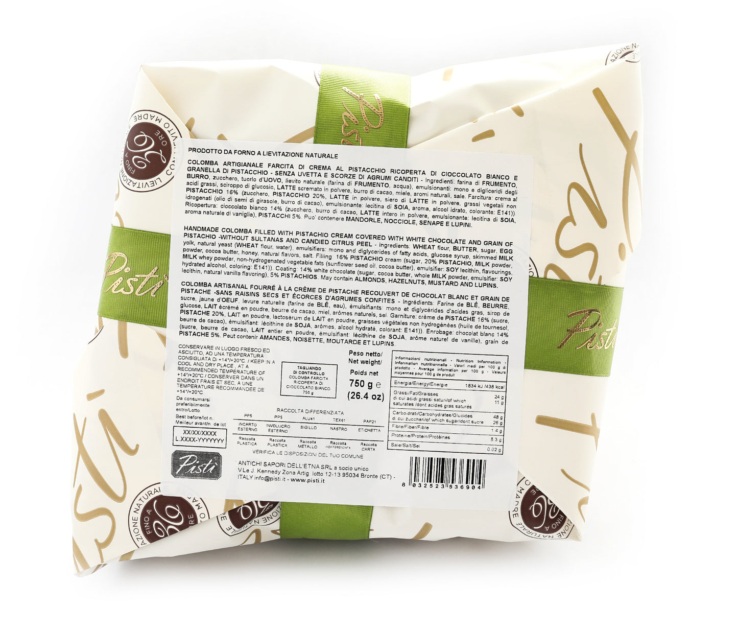 colomba farcita con crema di pistacchio e ricoperta di cioccolato bianco - incarto - pisti shop