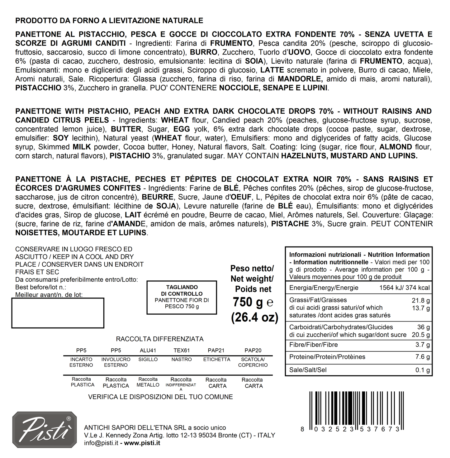 special edition: panettone con pistacchi, pesca e gocce di cioccolato fondente