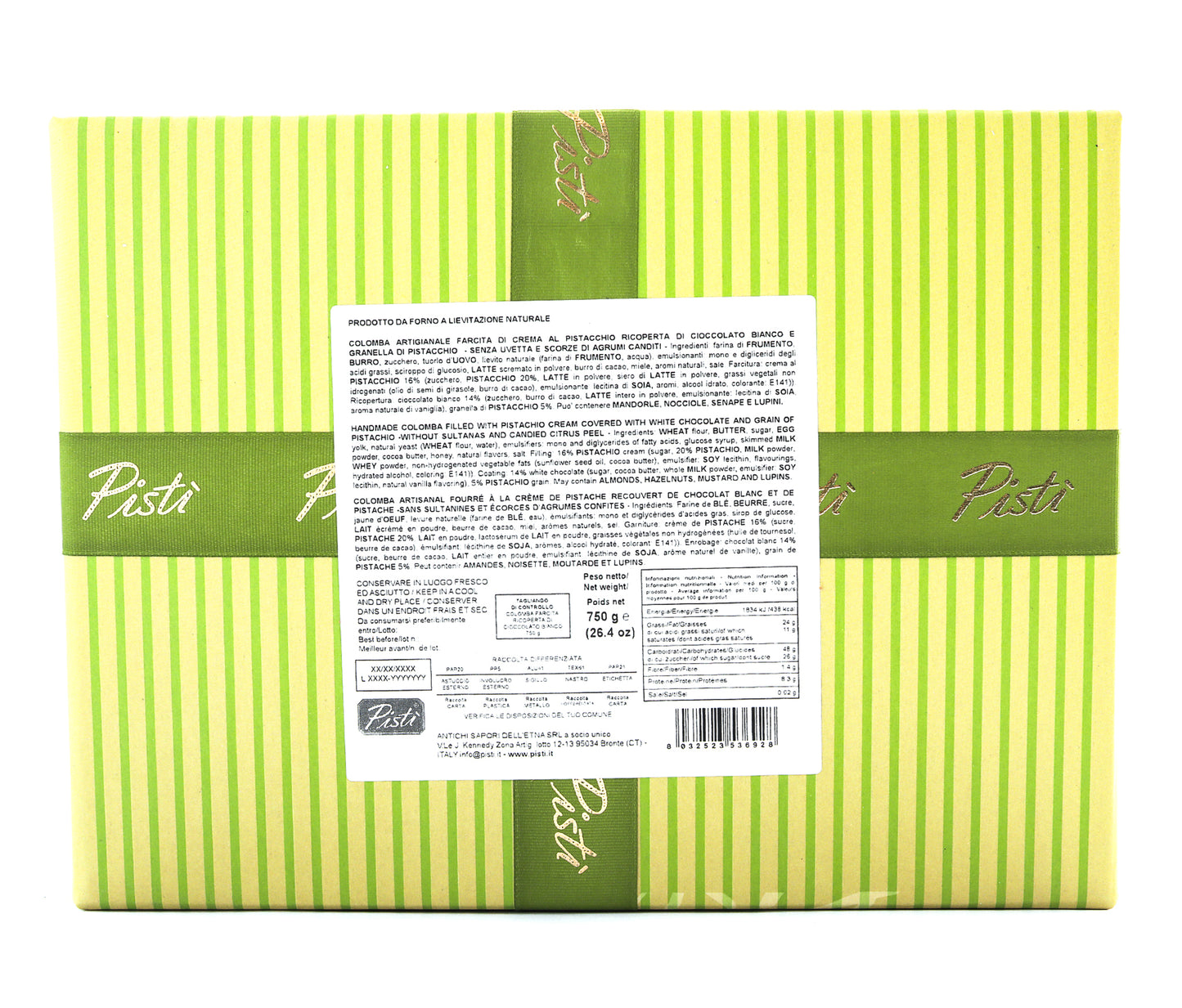 colomba farcita con crema di pistacchio e ricoperta di cioccolato bianco - scatola - pisti shop