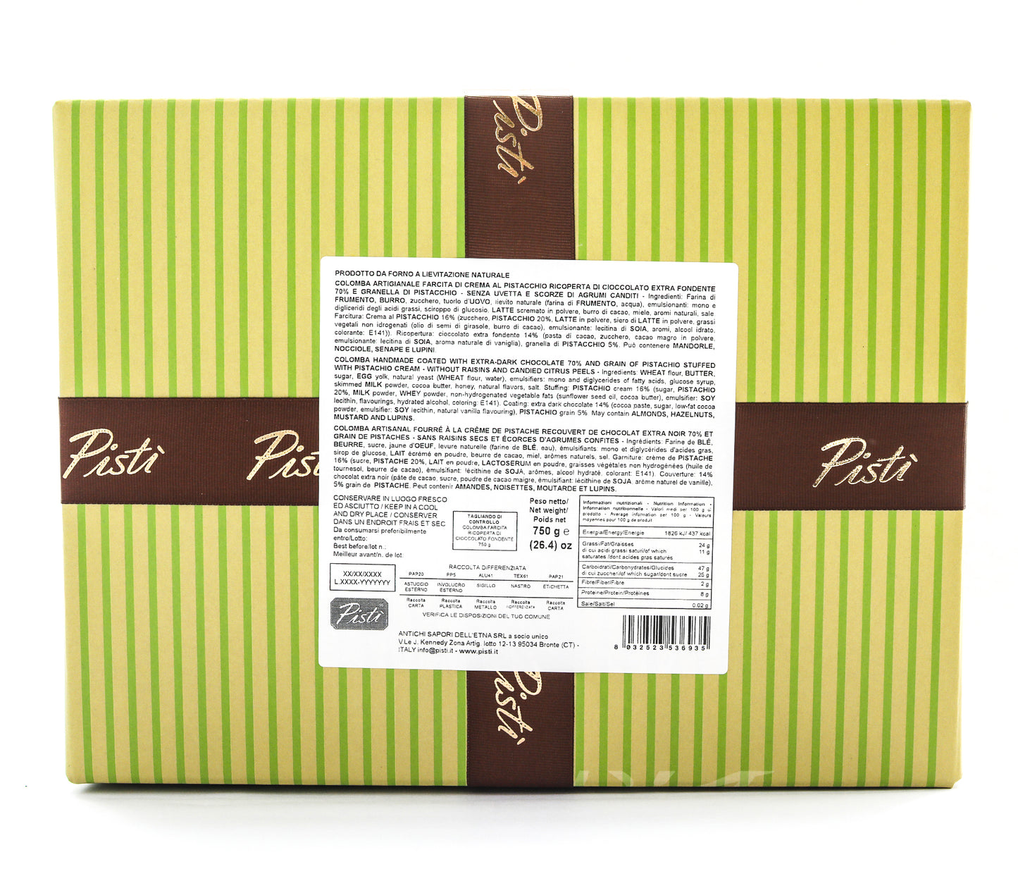 colomba farcita con crema di pistacchio e ricoperta di cioccolato fondente - scatola - pisti shop