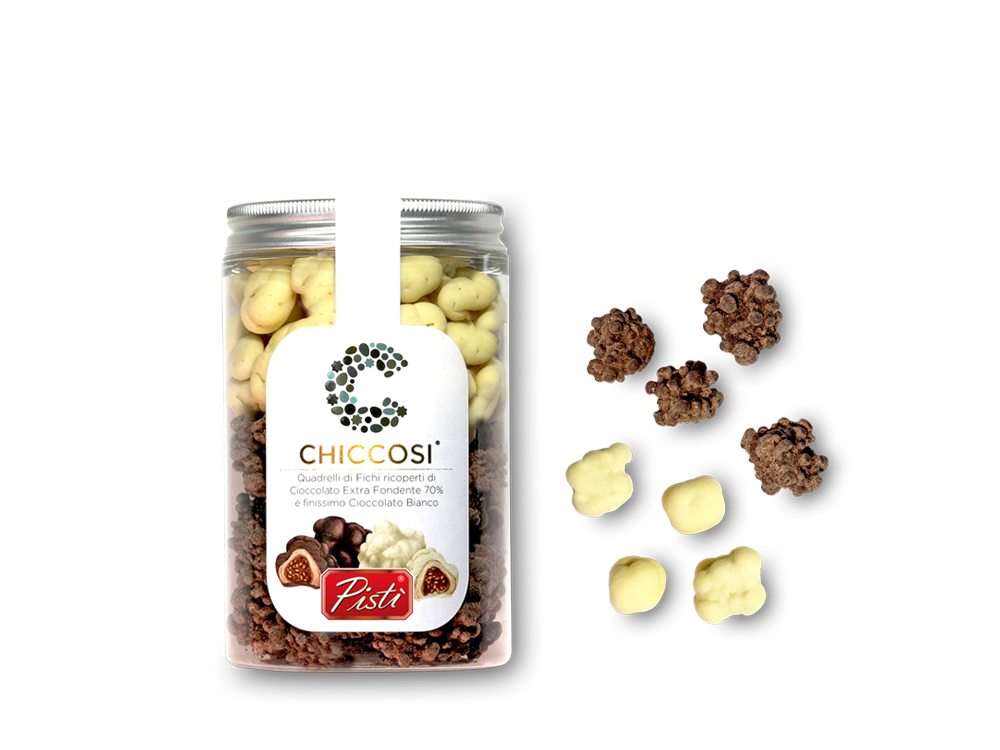 Quadrelli di fichi ricoperti di cioccolato bianco ed extra fondente - Pisti Shop