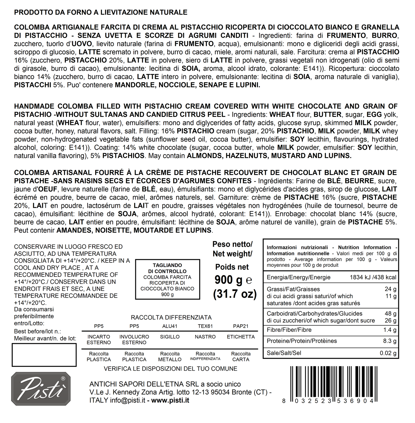 colomba gefüllt mit pistaziencreme und überzogen mit weißer schokolade - verpackung