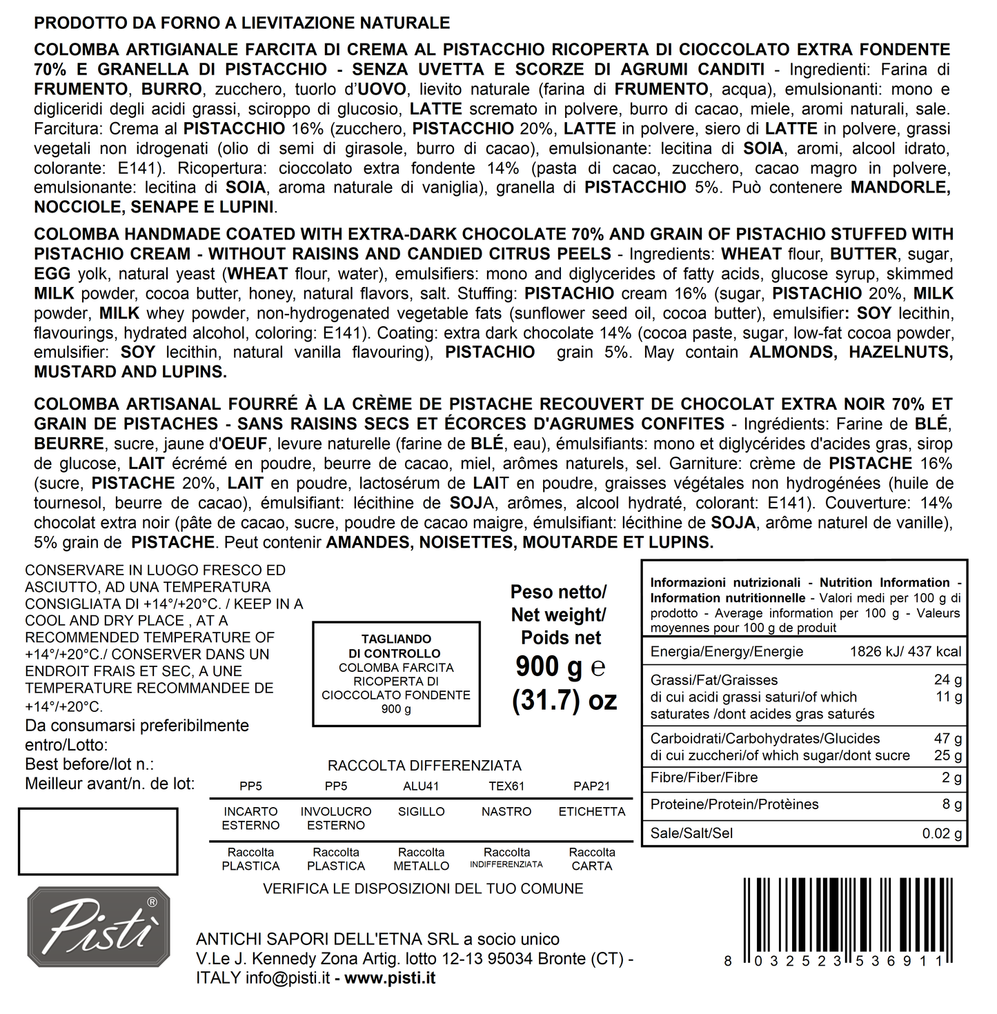 colomba farcita con crema di pistacchio e ricoperta di cioccolato fondente - incarto - pisti shop