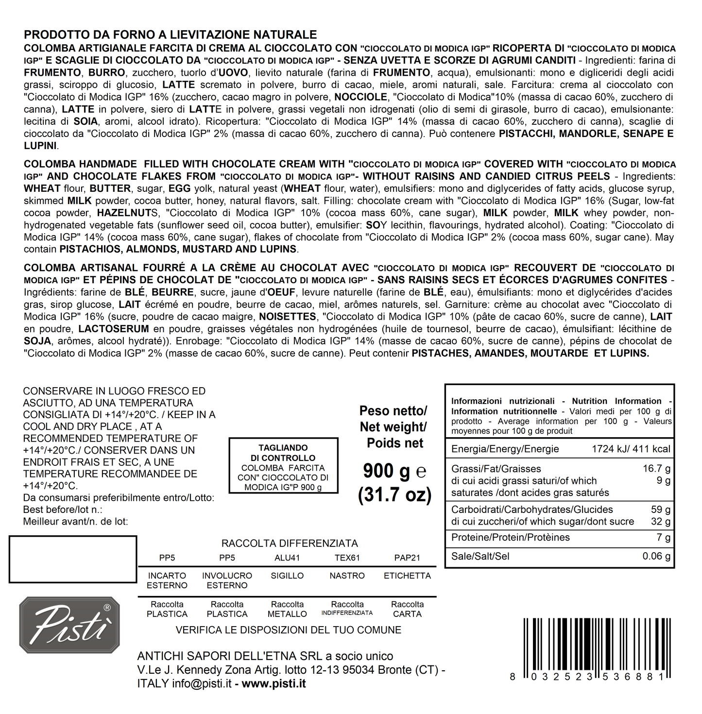 colomba farcita con crema al cioccolato di modica igp e ricoperta di cioccolato di modica igp - incarto - pisti shop