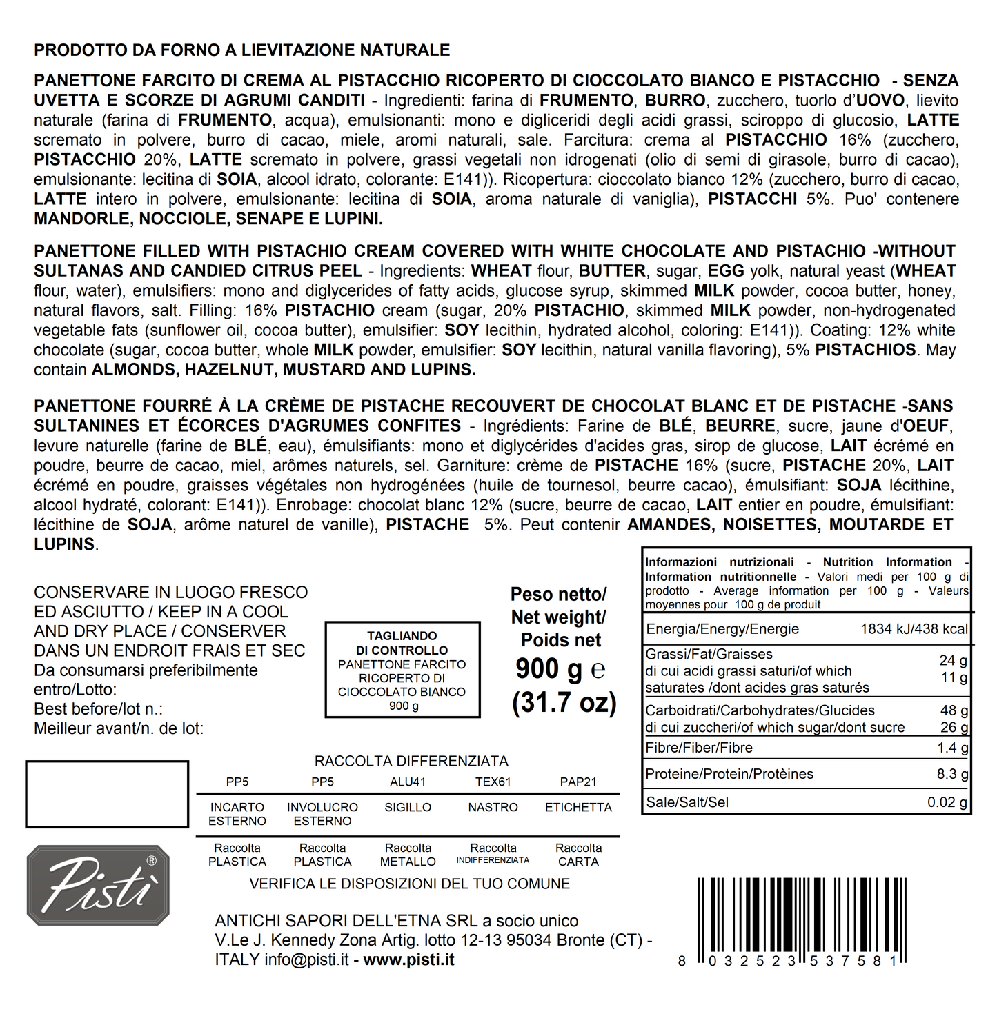 panettone stuffed with pistachio and covered with white chocolate