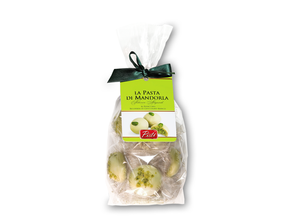 Pasta di Mandorla al Pistacchio ricoperta di cioccolato bianco - Pisti Shop