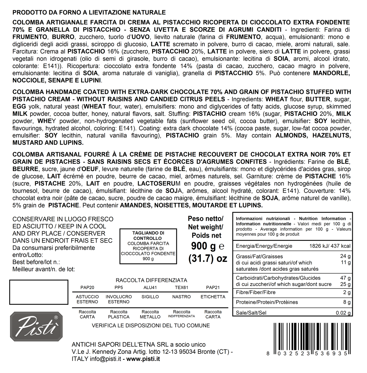 colomba gefüllt mit pistaziencreme und mit zartbitterschokolade überzogen - schachtel