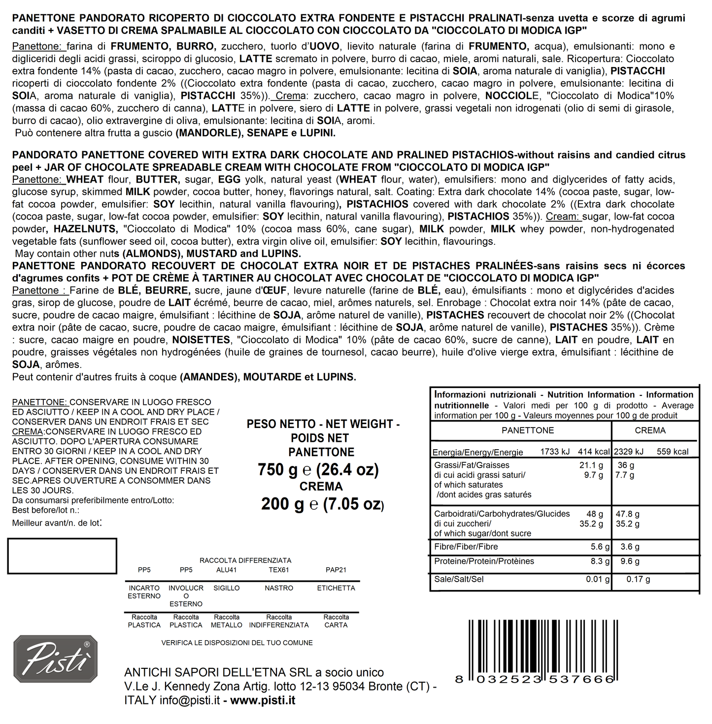 panettone pandorato con pistacchio e cioccolato fondente 70% + vasetto crema cioccolato di modica igp
