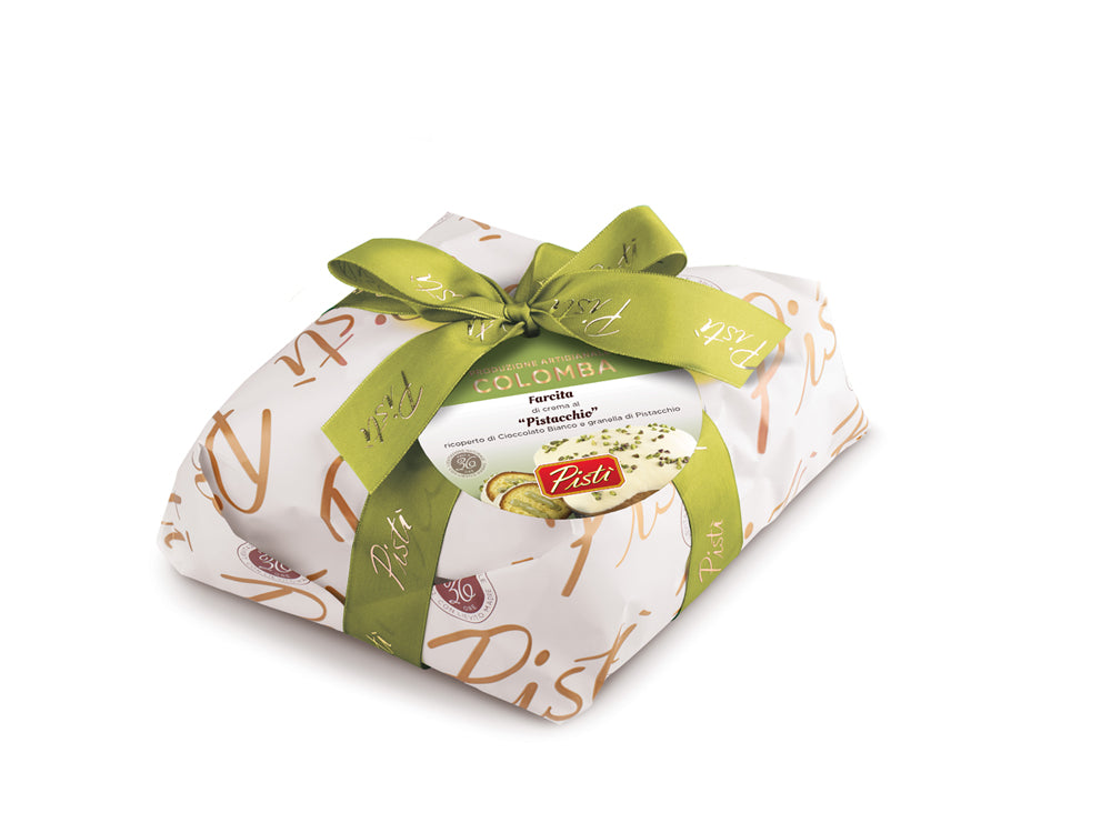 Colomba Farcita con Crema di Pistacchio e Ricoperta di Cioccolato Bianco - Incarto - Pisti Shop