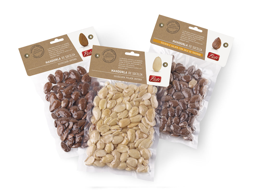 tris di mandorle siciliane intere, pelate intere e tostate e salate - pisti shop