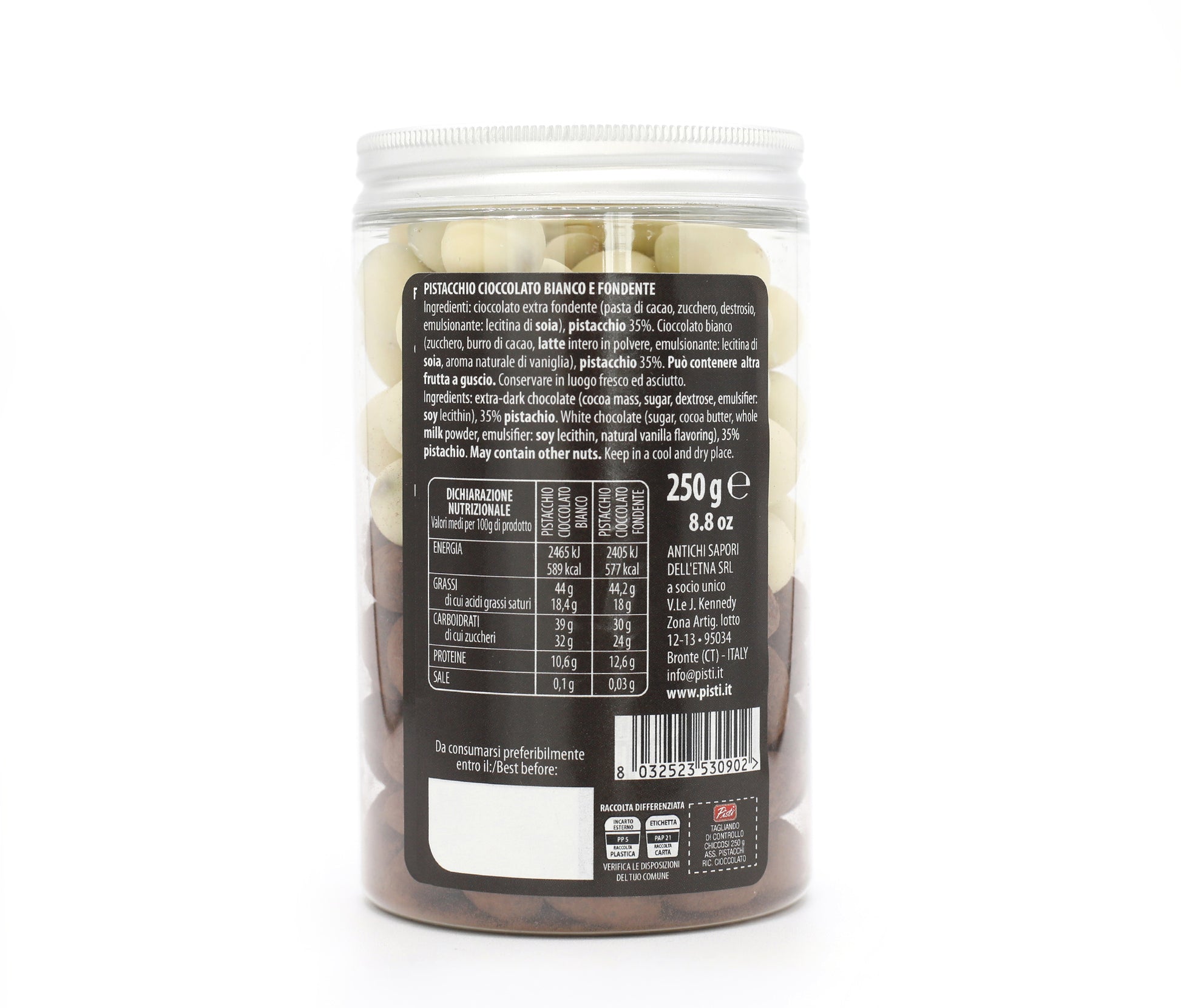 Chicchi di Pistacchio ricoperti di cioccolato bianco ed extra fondente - Pisti Shop