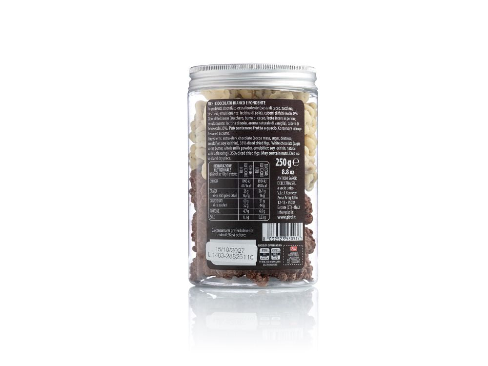 chiccosi pistì - quadrelli di fichi ricoperti di cioccolato extra fondente e cioccolato bianco