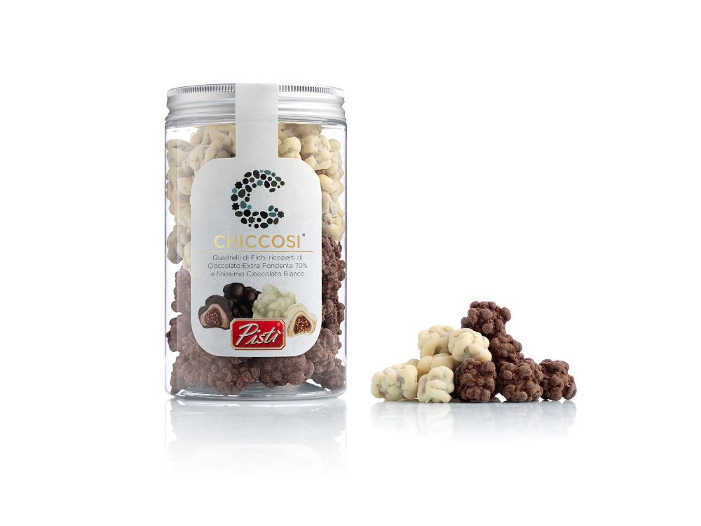 chiccosi pistì - quadrelli di fichi ricoperti di cioccolato extra fondente e cioccolato bianco
