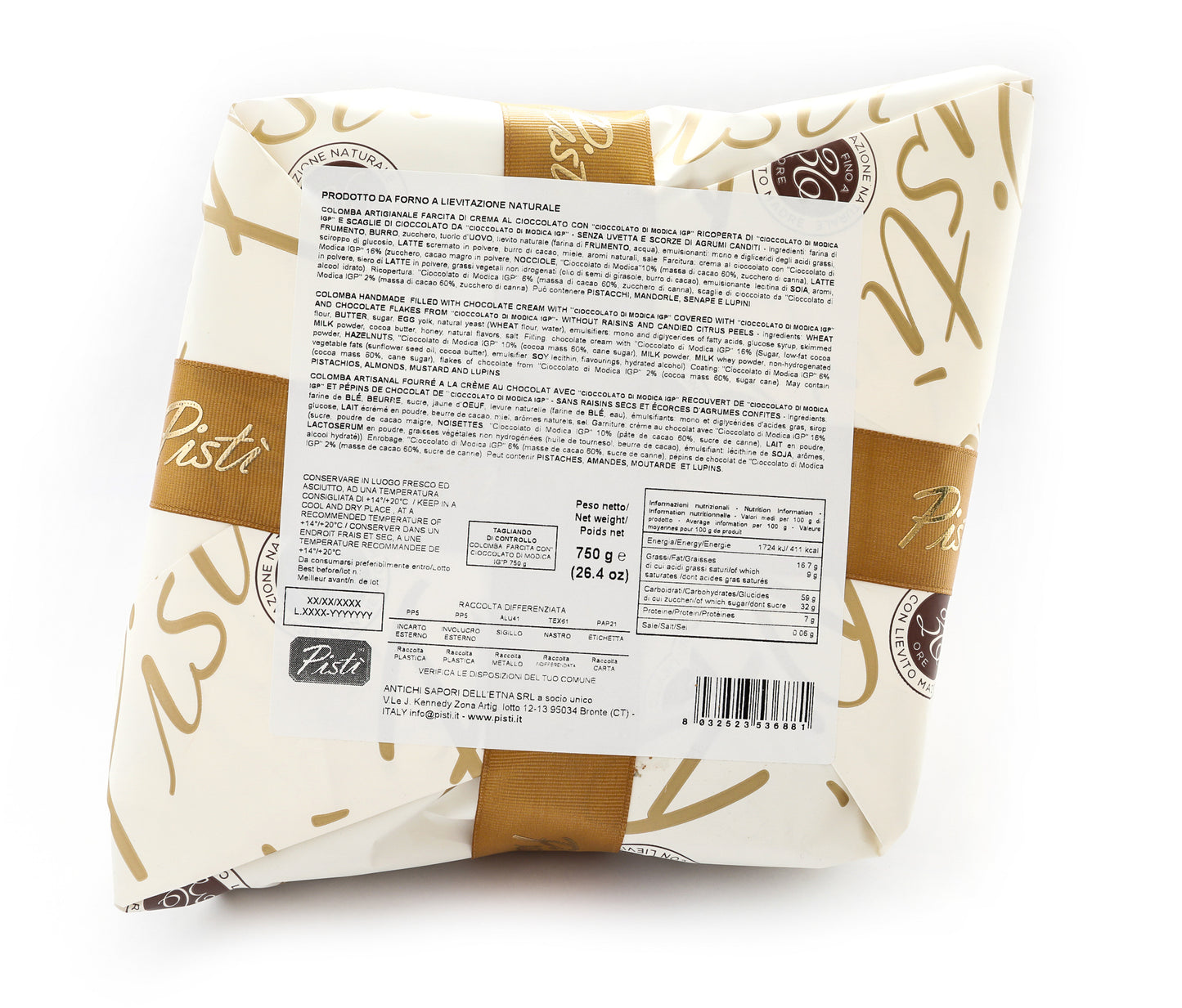 colomba farcita con crema al cioccolato di modica igp e ricoperta di cioccolato di modica igp - incarto - pisti shop