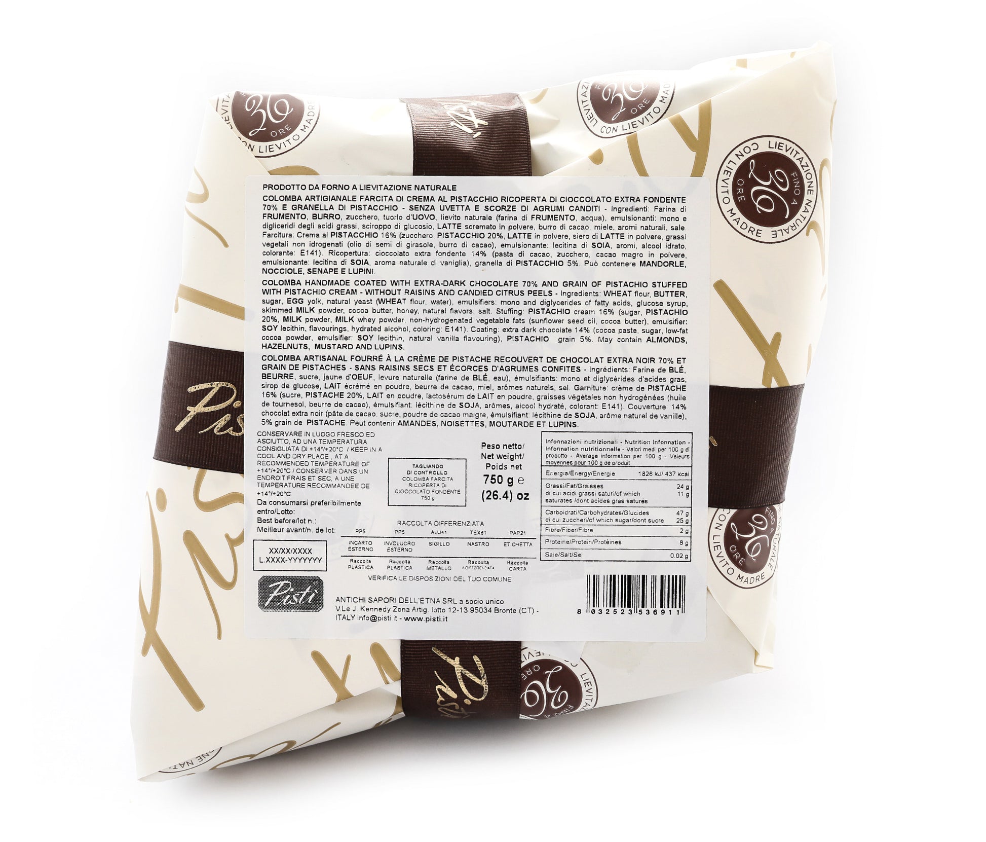 Colomba Farcita con Crema di Pistacchio e Ricoperta di Cioccolato Fondente - Incarto - Pisti Shop