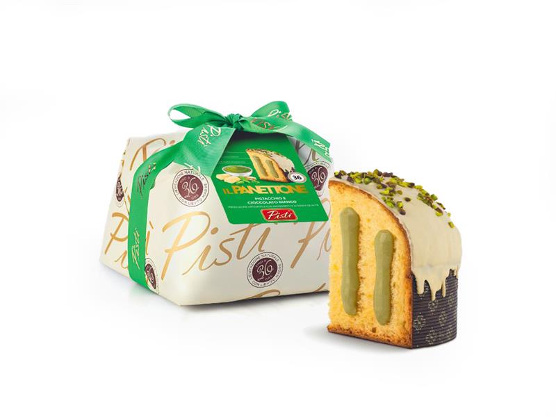 panettone farcito al pistacchio e ricoperto di cioccolato bianco