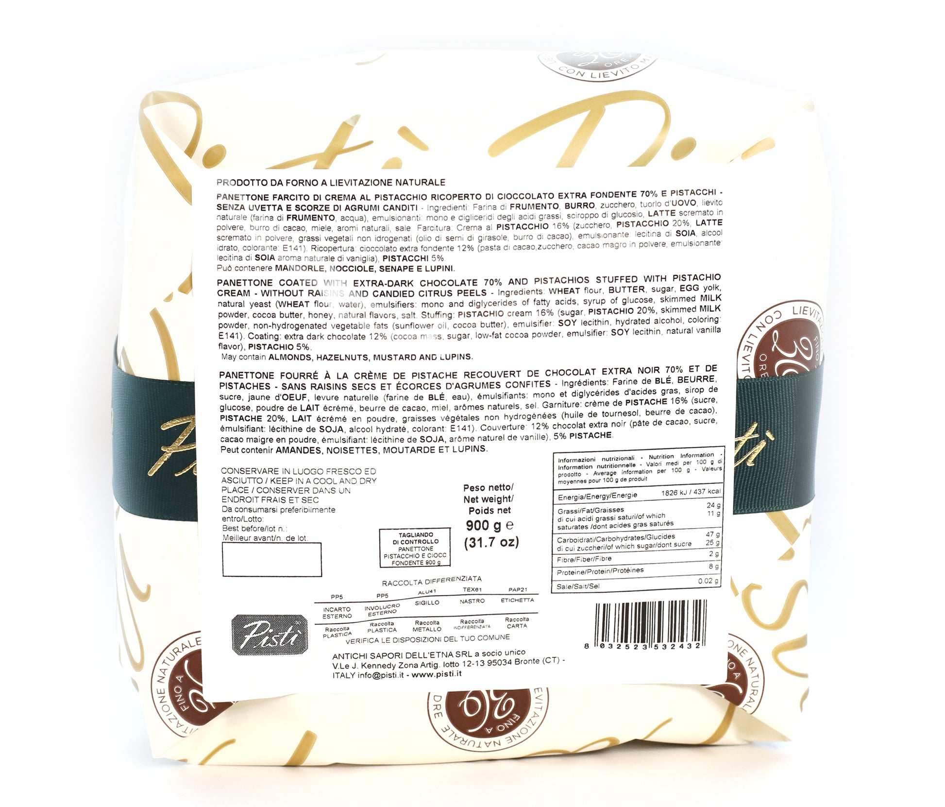 Panettone Farcito al Pistacchio e Ricoperto di Cioccolato Fondente - Pisti Shop