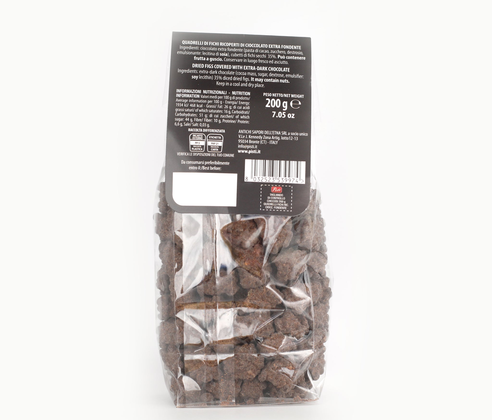 Quadrelli de higos secos cubiertos de chocolate negro extra