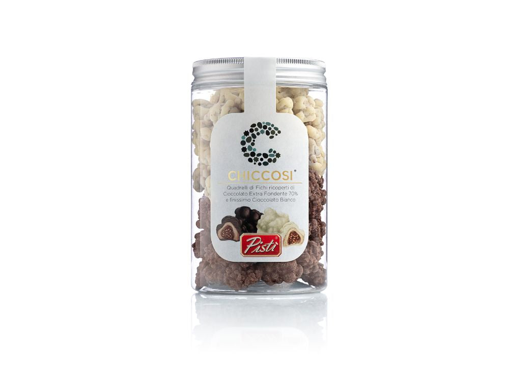 chiccosi pistì - quadrelli di fichi ricoperti di cioccolato extra fondente e cioccolato bianco