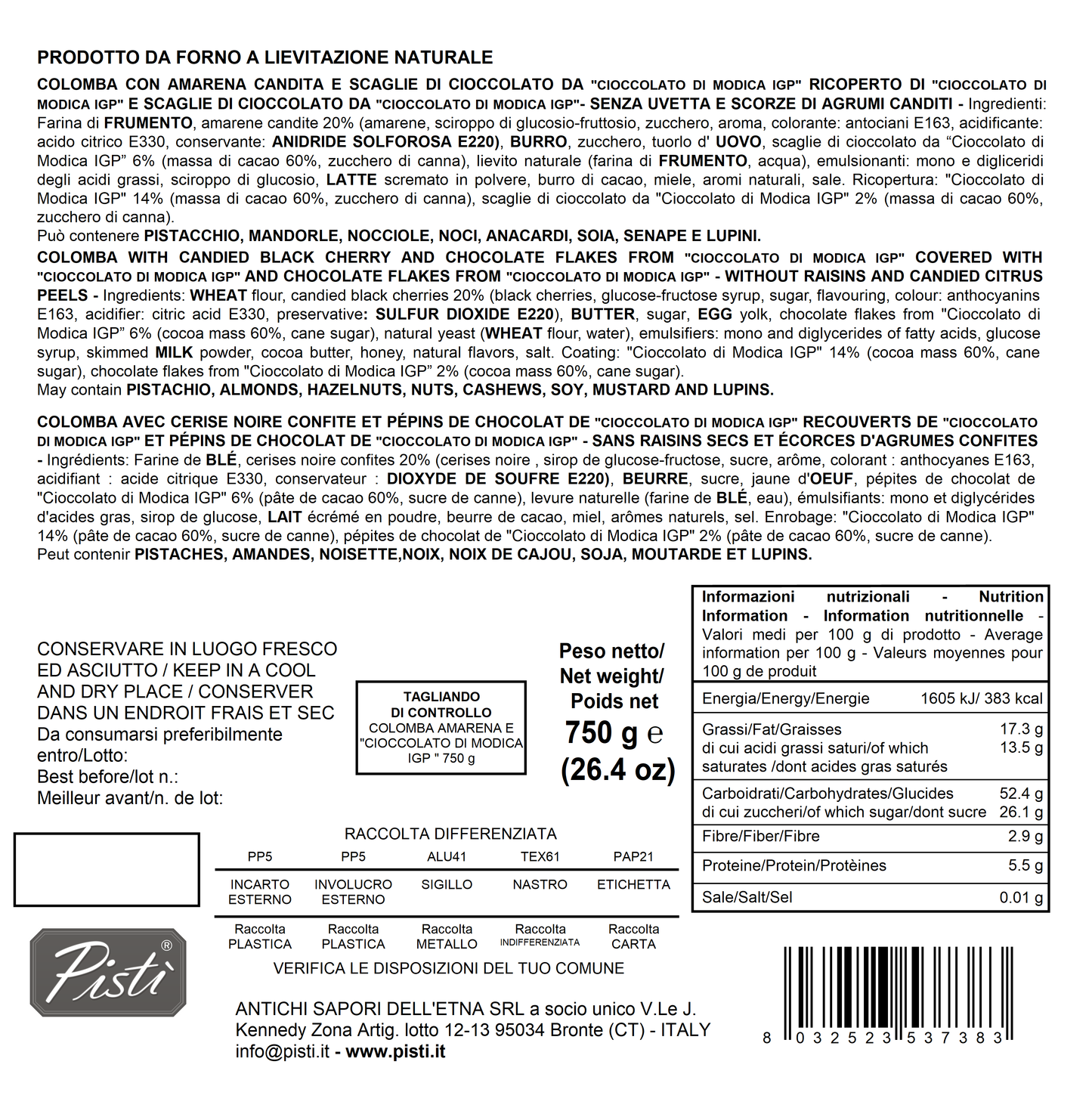 colomba amarena e cioccolato di modica igp - pisti shop