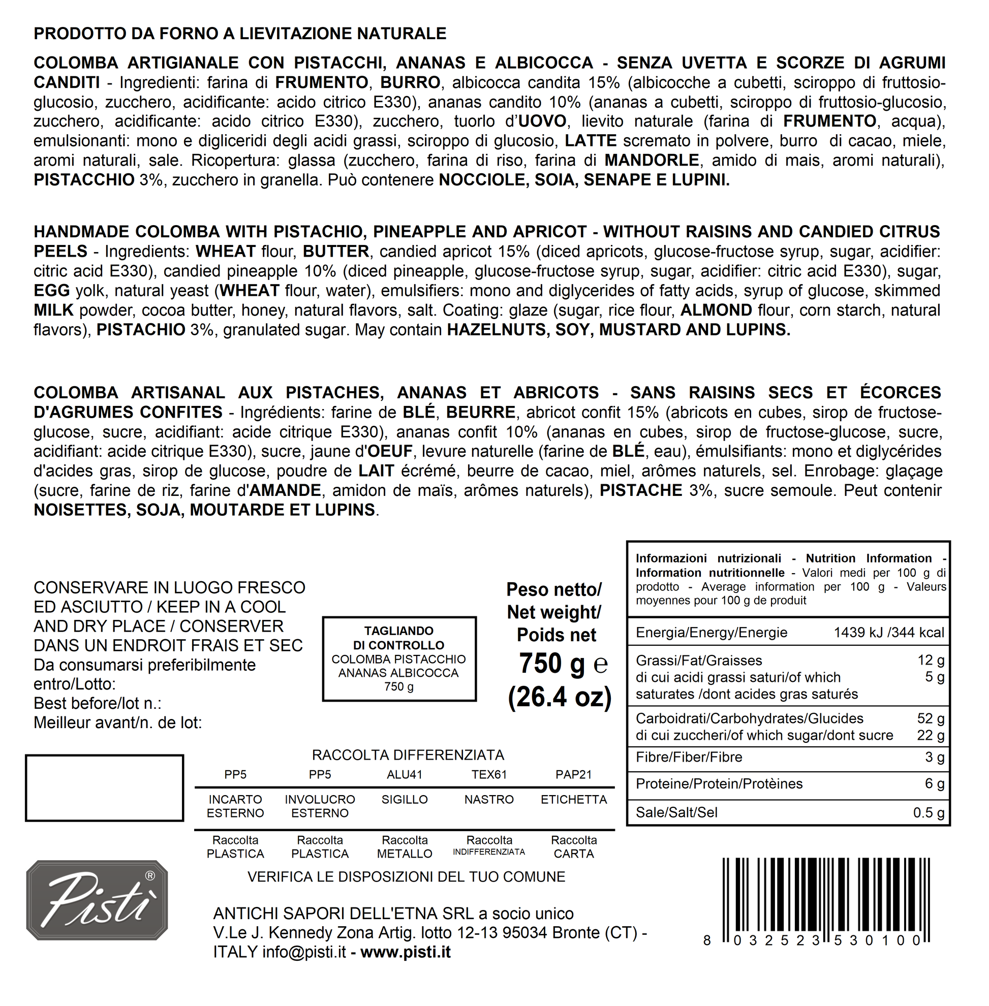 Colomba Pistacchio Ananas e Albicocca - Pisti Shop