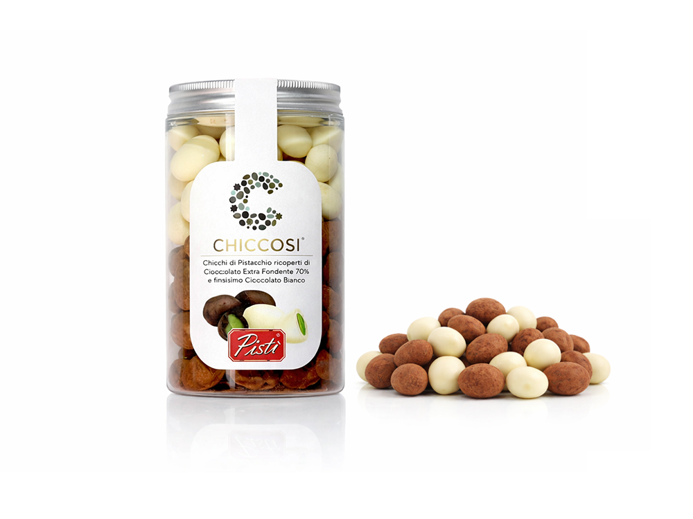 Chicchi di Pistacchio ricoperti di cioccolato bianco ed extra fondente - Pisti Shop