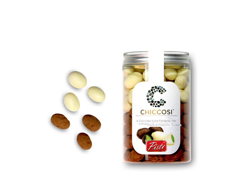 Chicchi di Pistacchio ricoperti di cioccolato bianco ed extra fondente