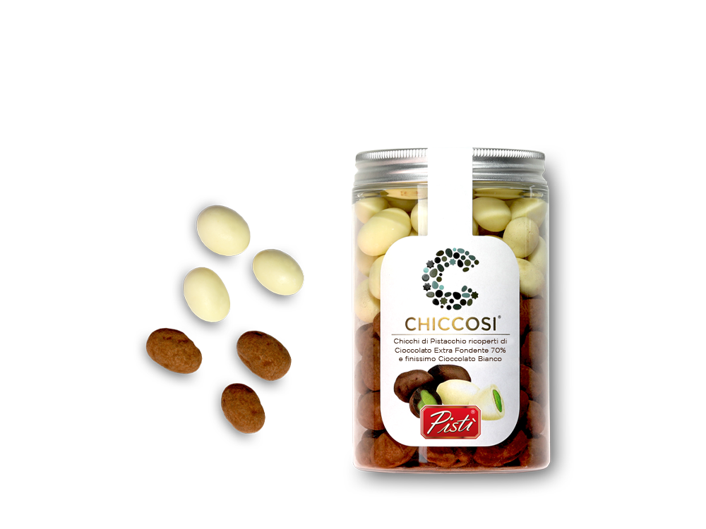 Chicchi di Pistacchio ricoperti di cioccolato bianco ed extra fondente