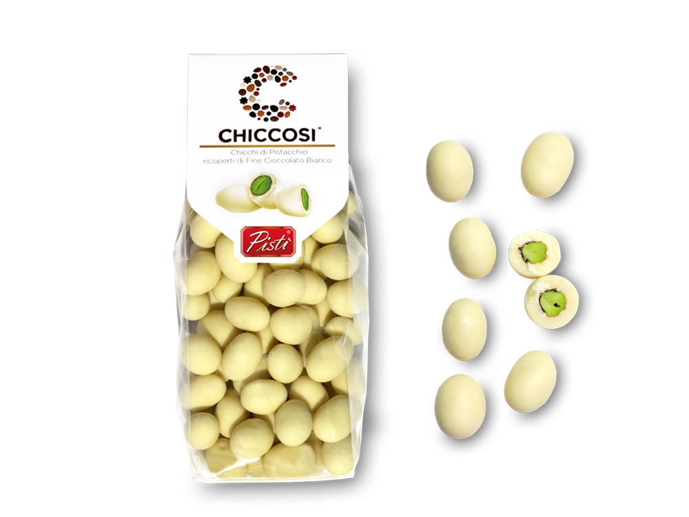 Pistachio grains covered in white chocolate