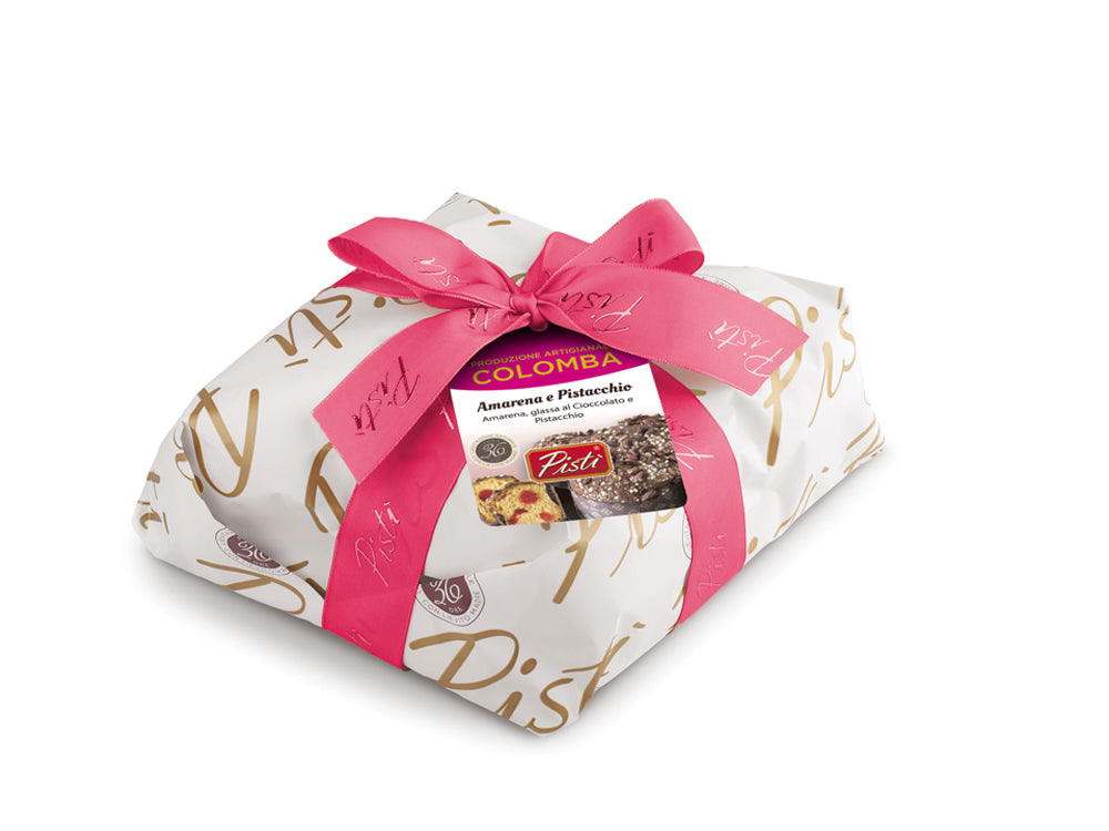 Colomba with cherry, chocolate icing and pistachios