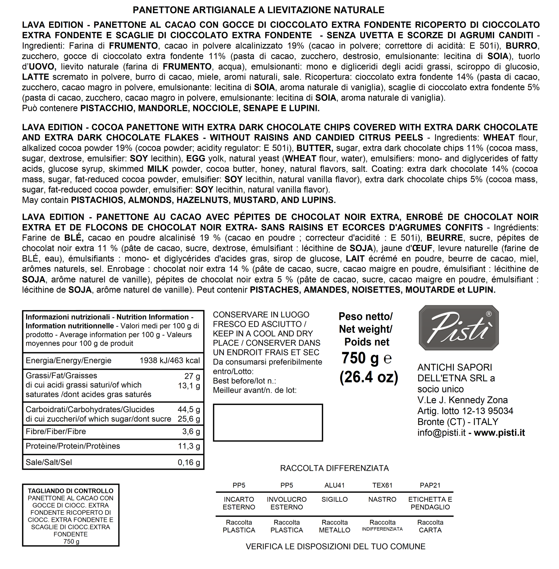 Panettone Lava Edition co Cioccolato Extra Fondente al 70% Shop Pistì etichetta