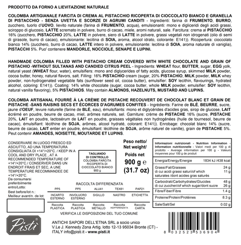 Colomba Farcita con Crema di Pistacchio e Ricoperta di Cioccolato Bianco - Incarto - Pisti Shop