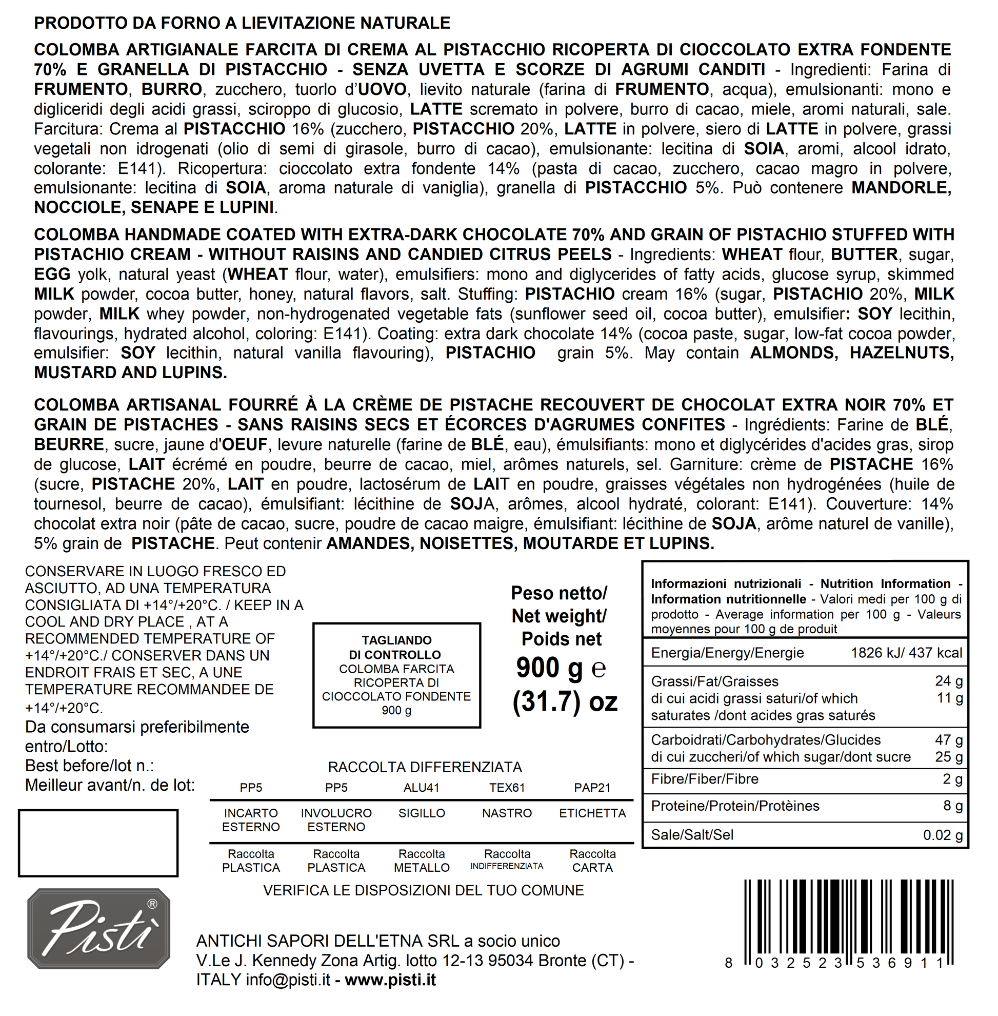 Colomba Farcita con Crema di Pistacchio e Ricoperta di Cioccolato Fondente - Incarto - Pisti Shop