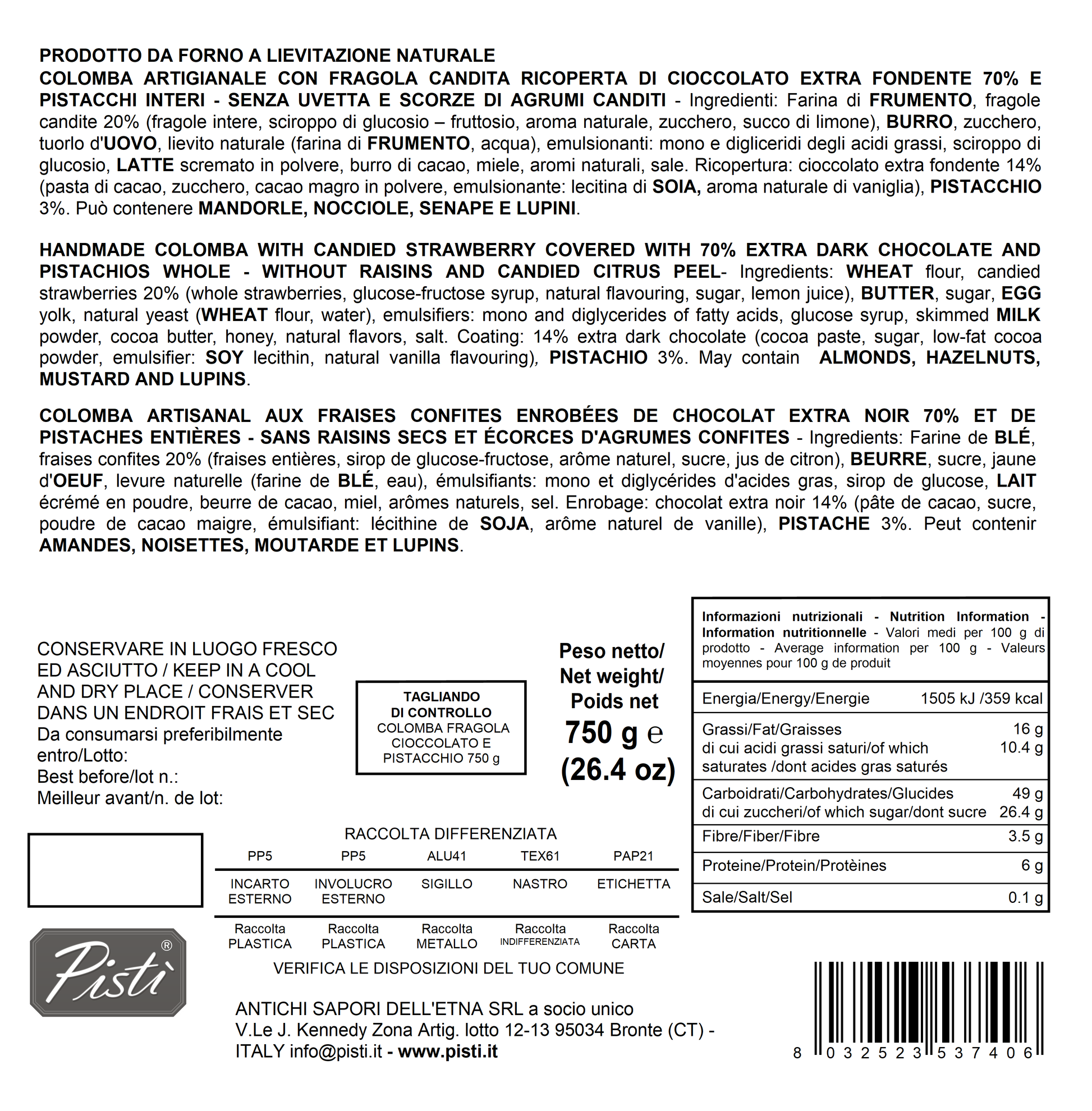 Colomba Fragola Pistacchi e Cioccolato Fondente - Pisti Shop