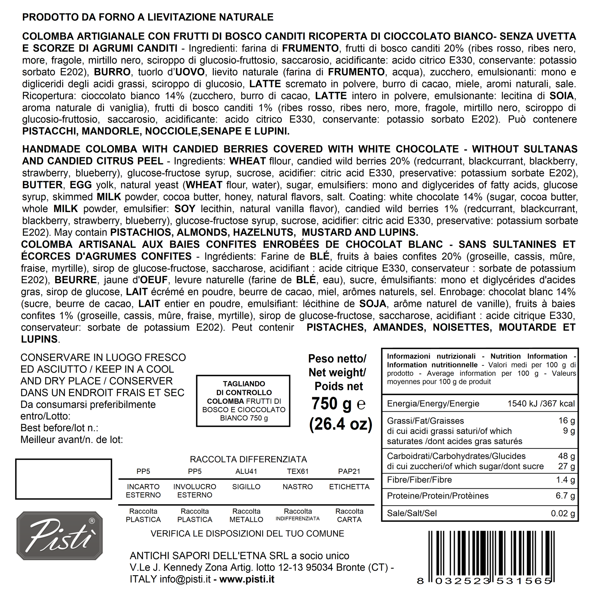 Colomba Frutti di Bosco e cioccolato bianco - Pisti Shop