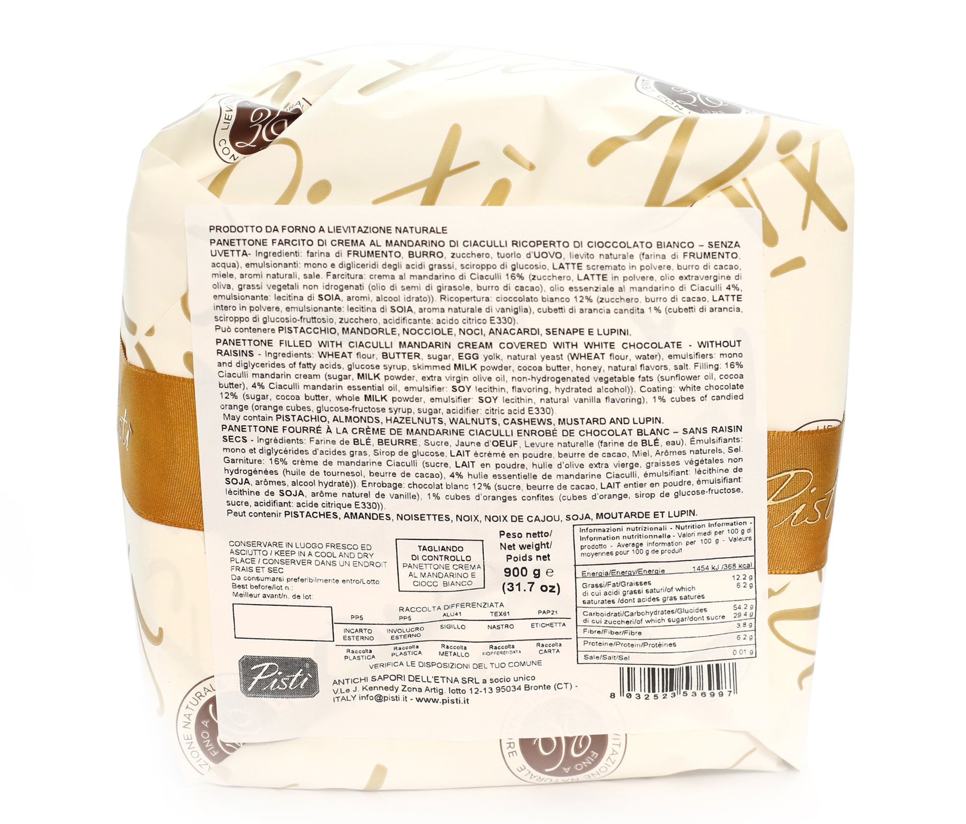 Panettone farcito di crema al mandarino di Ciaculli ricoperto di cioccolato bianco - Pisti Shop