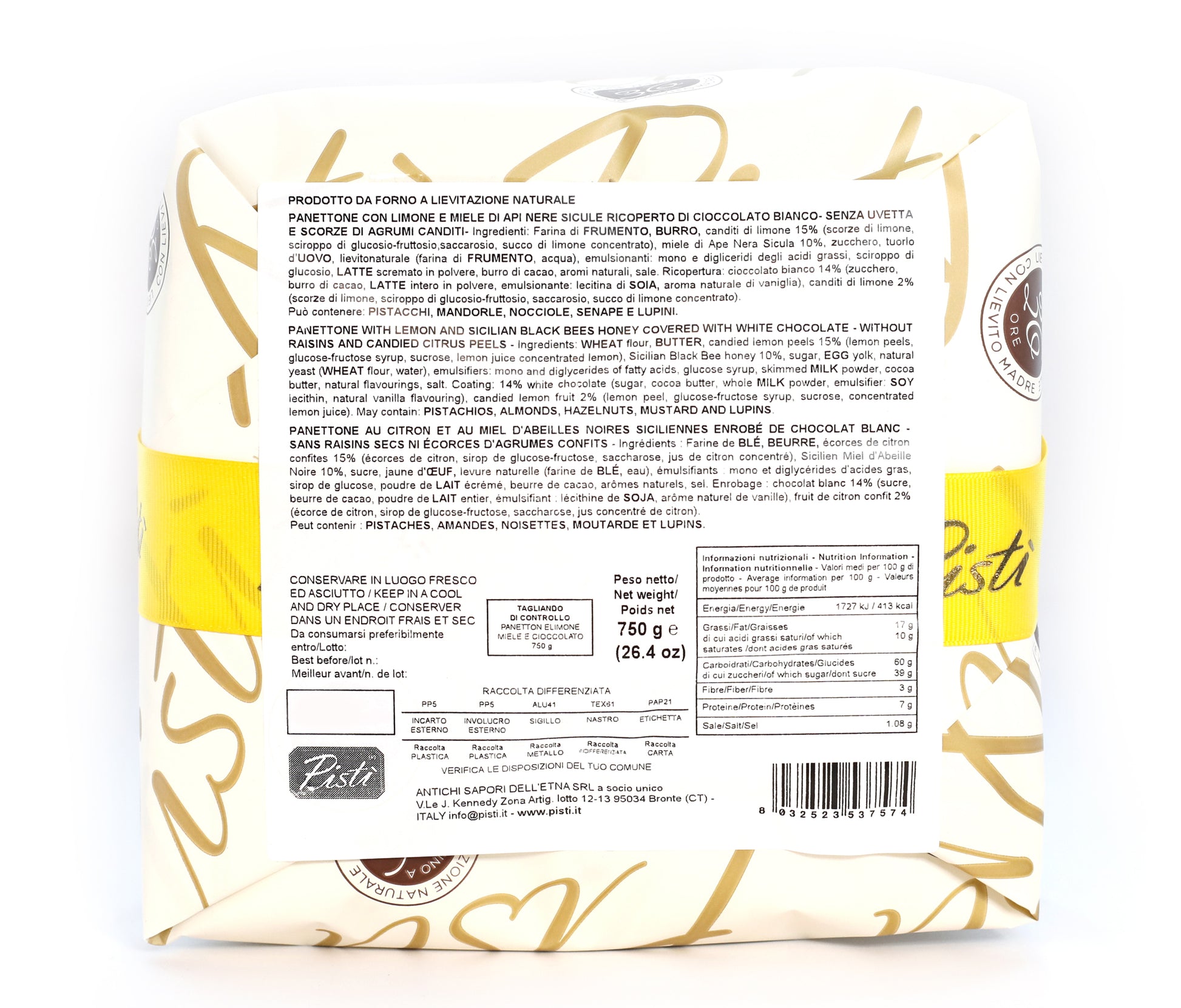 Panettone Limone e Miele Ricoperto di Cioccolato Bianco - Pisti Shop