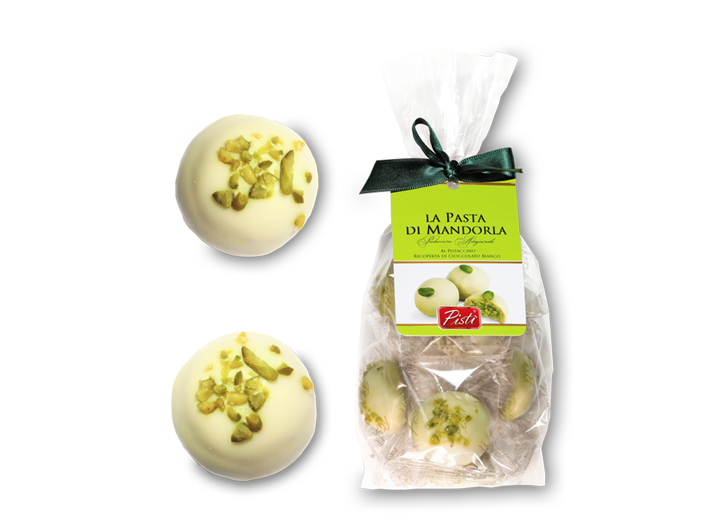 Pistachio almond paste covered with white chocolate