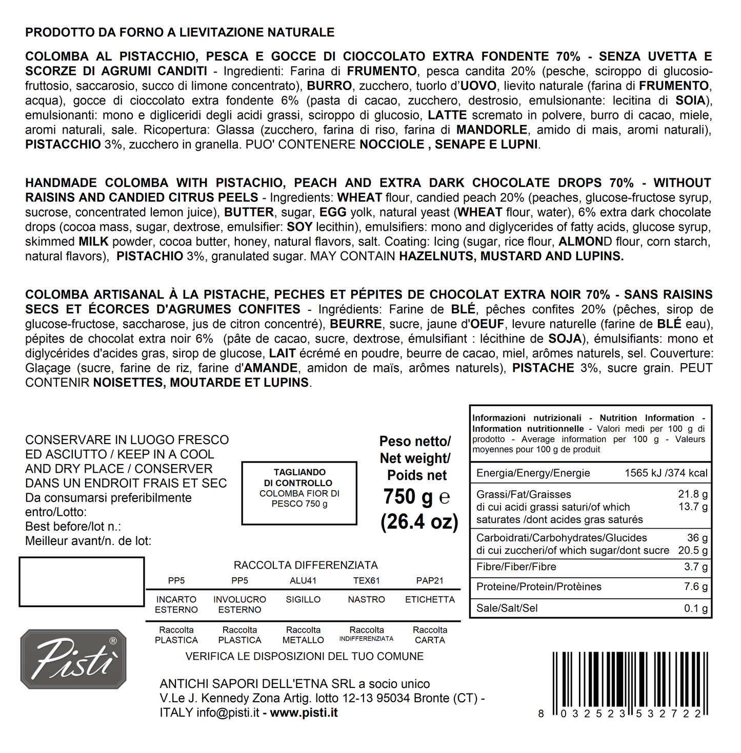 colomba al pistacchio pesca e gocce di cioccolato - pisti shop