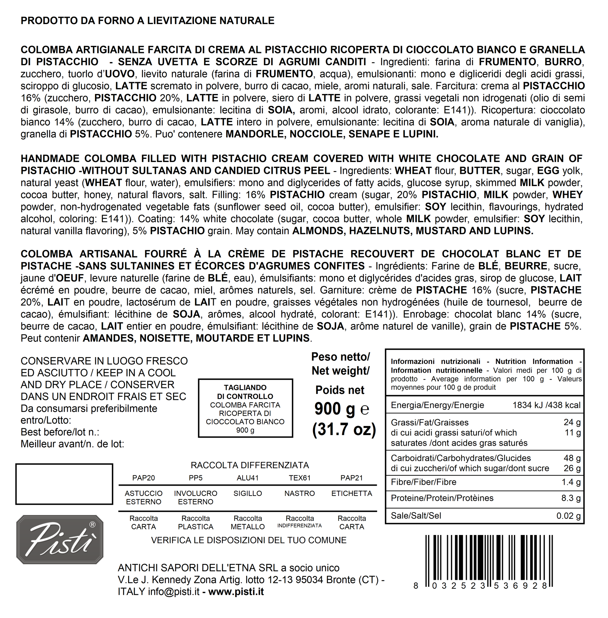 Colomba Farcita con Crema di Pistacchio e Ricoperta di Cioccolato Bianco - Scatola - Pisti Shop