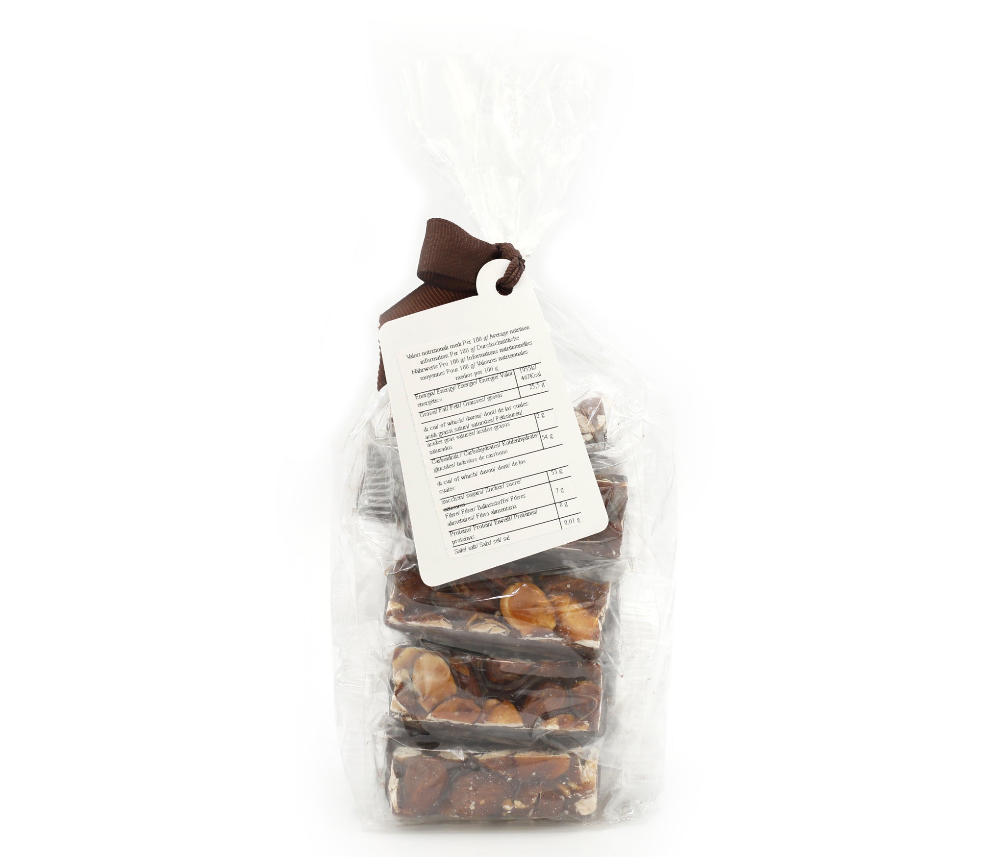 Pieces of Sicilian almond brittle with dark chocolate