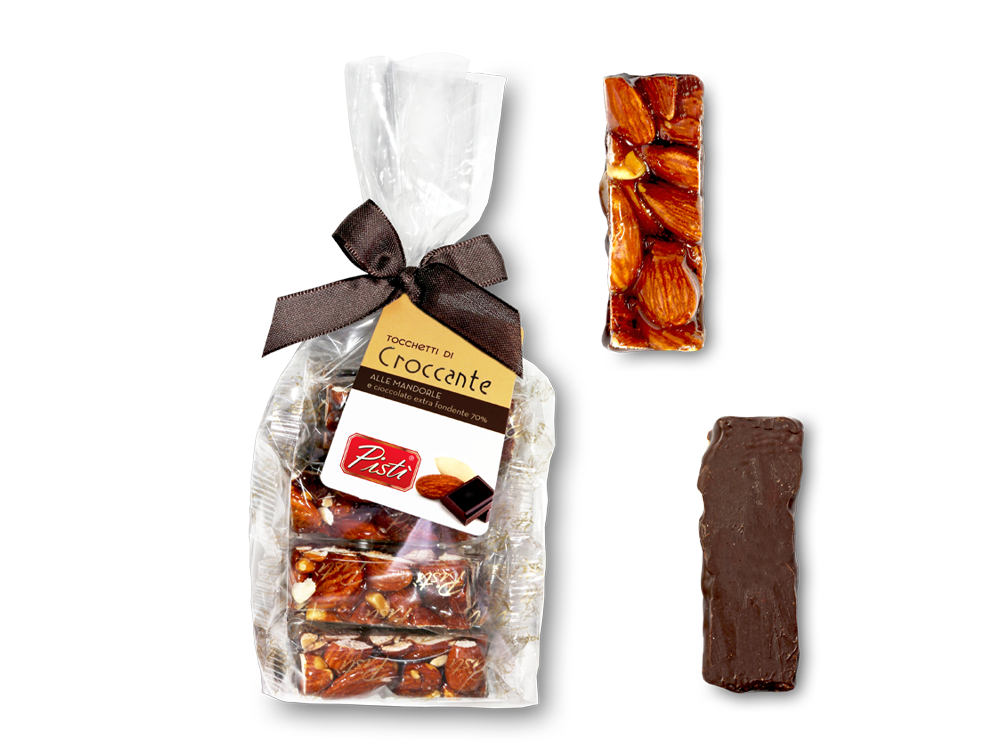 Pieces of Sicilian almond brittle with dark chocolate