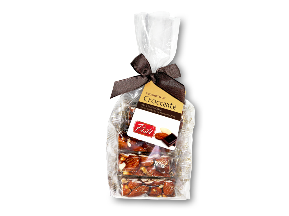 Pieces of Sicilian almond brittle with dark chocolate