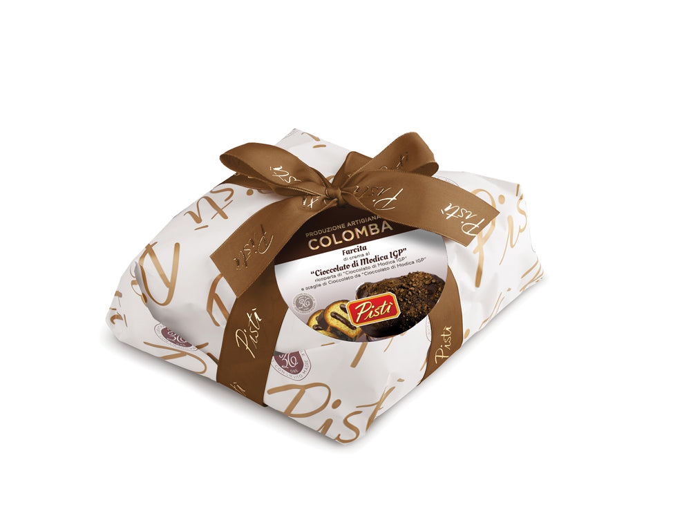 colomba farcita con crema al cioccolato di modica igp e ricoperta di cioccolato di modica igp - incarto - pisti shop