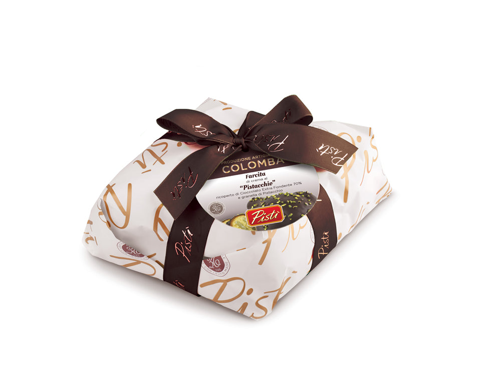 colomba farcita con crema di pistacchio e ricoperta di cioccolato fondente - incarto - pisti shop