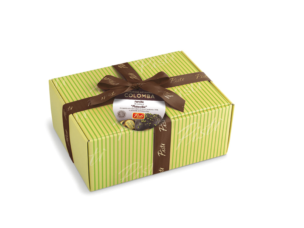 colomba farcita con crema di pistacchio e ricoperta di cioccolato fondente - scatola - pisti shop